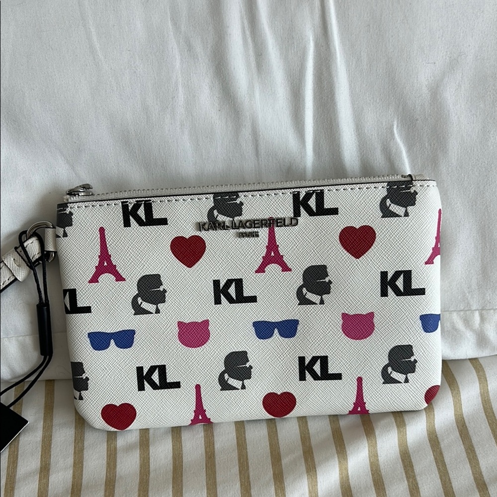 Karl Lagerfeld White Printed Wristlet Pouch with Pink and Blue Accents